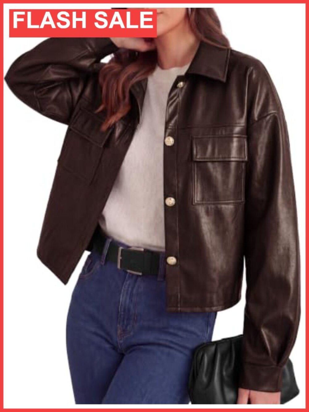 Faux Leather Button Down Bomber Jacket Cropped Relaxed Shacket